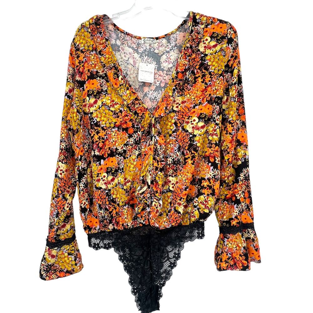 New Free People Orange Gold Floral Viscose Lace Bodysuite Med